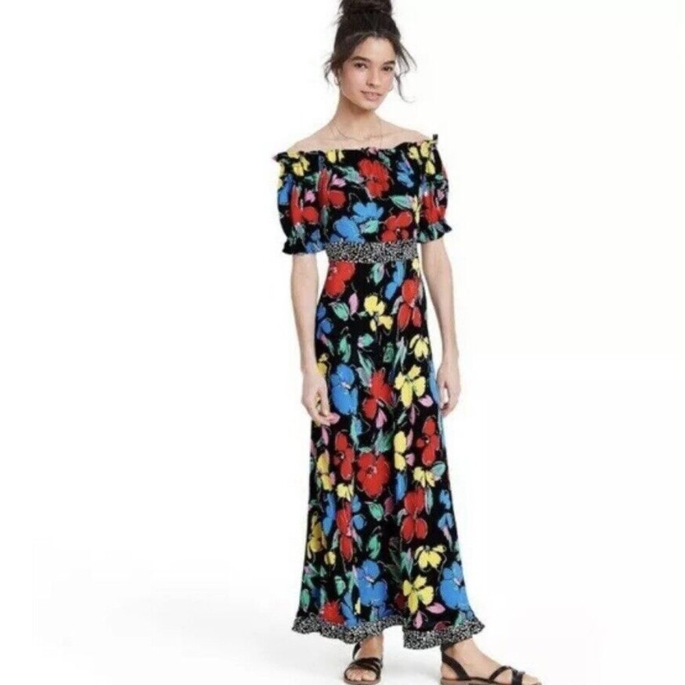 RIXO For Target Black Floral Off the Shoulder Puff Sleeve Maxi Dress